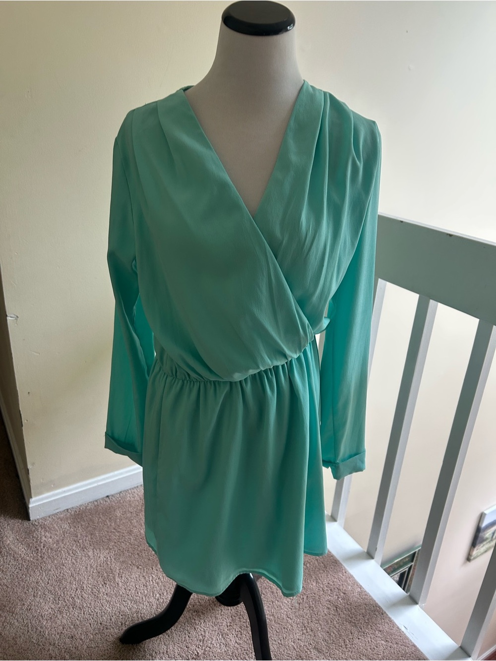 Honey Punch Light Aqua Wrap-Style Long Sleeve Dress
